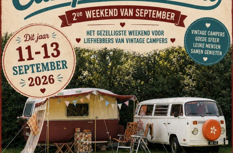 Verzameling vintage caravans en klassieke kampeermiddelen op het Vintage Kampeerweekend in Workum